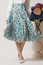 Fusta DY Fashion midi vaporoasa din voal gri cu imprimeuri bleu
