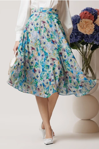 Fusta DY Fashion midi vaporoasa din voal gri cu imprimeuri bleu