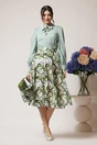 Fusta DY Fashion midi vaporoasa din voal ivory cu imprimeuri verde olive