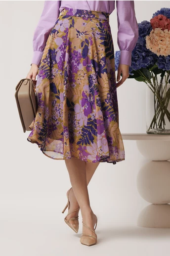 Fusta DY Fashion midi vaporoasa din voal lila cu imprimeuri mov