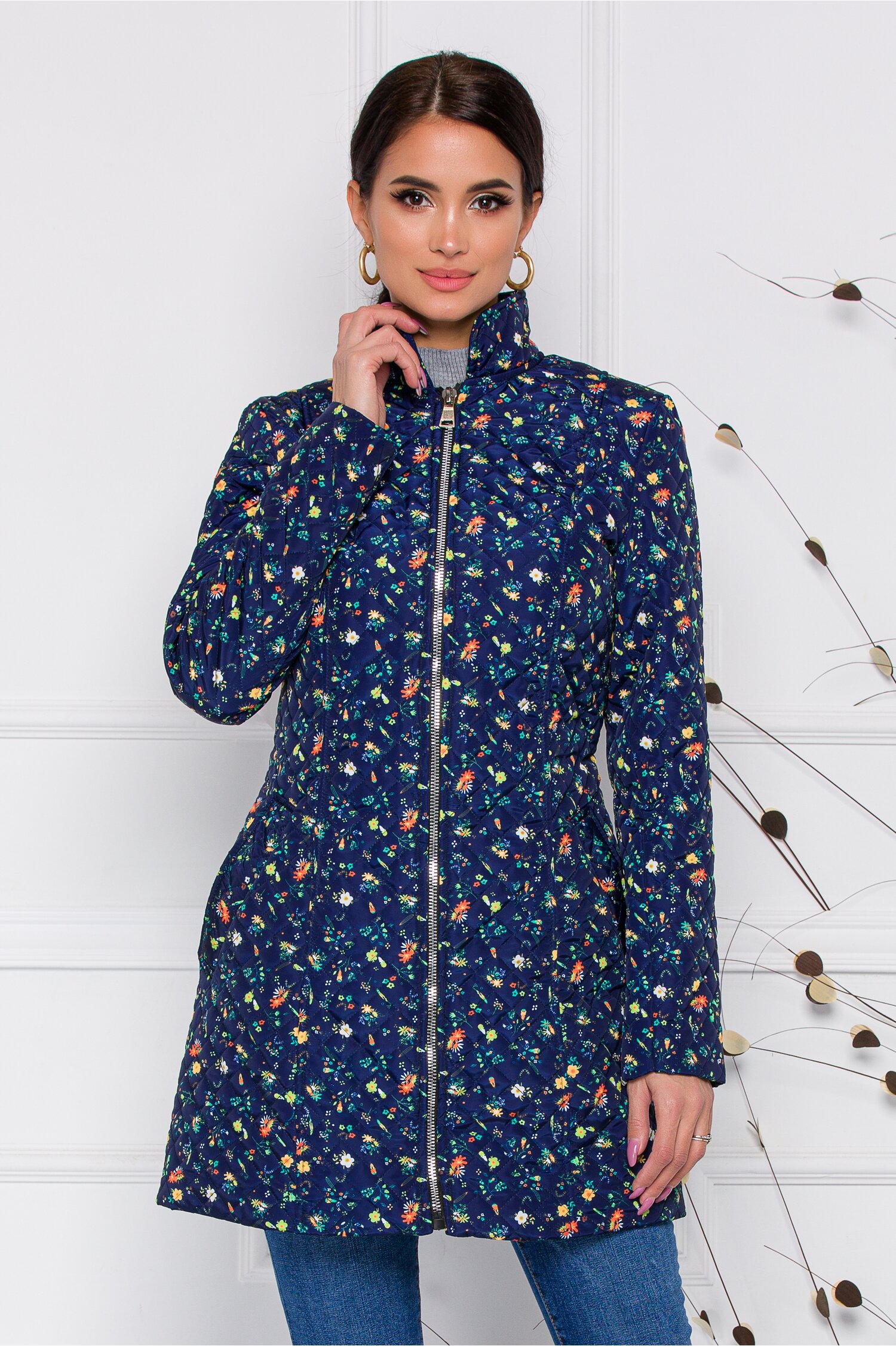 Geaca Ella Collection Natasha bleumarin cu imprimeuri florale