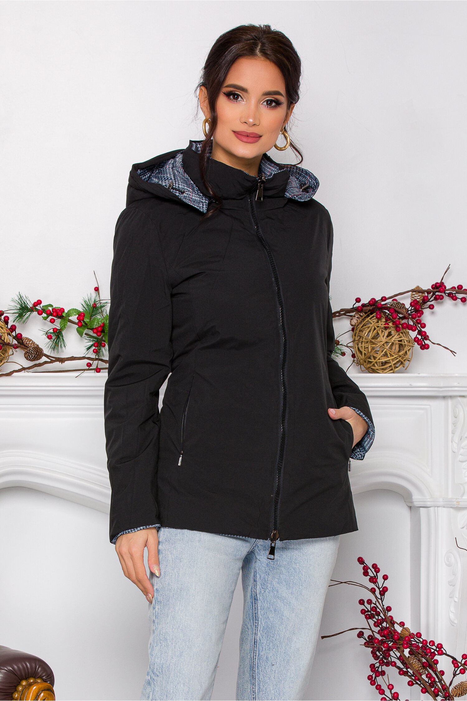 Geaca Mira cu doua fete gri cu imprimeu picior de cocos