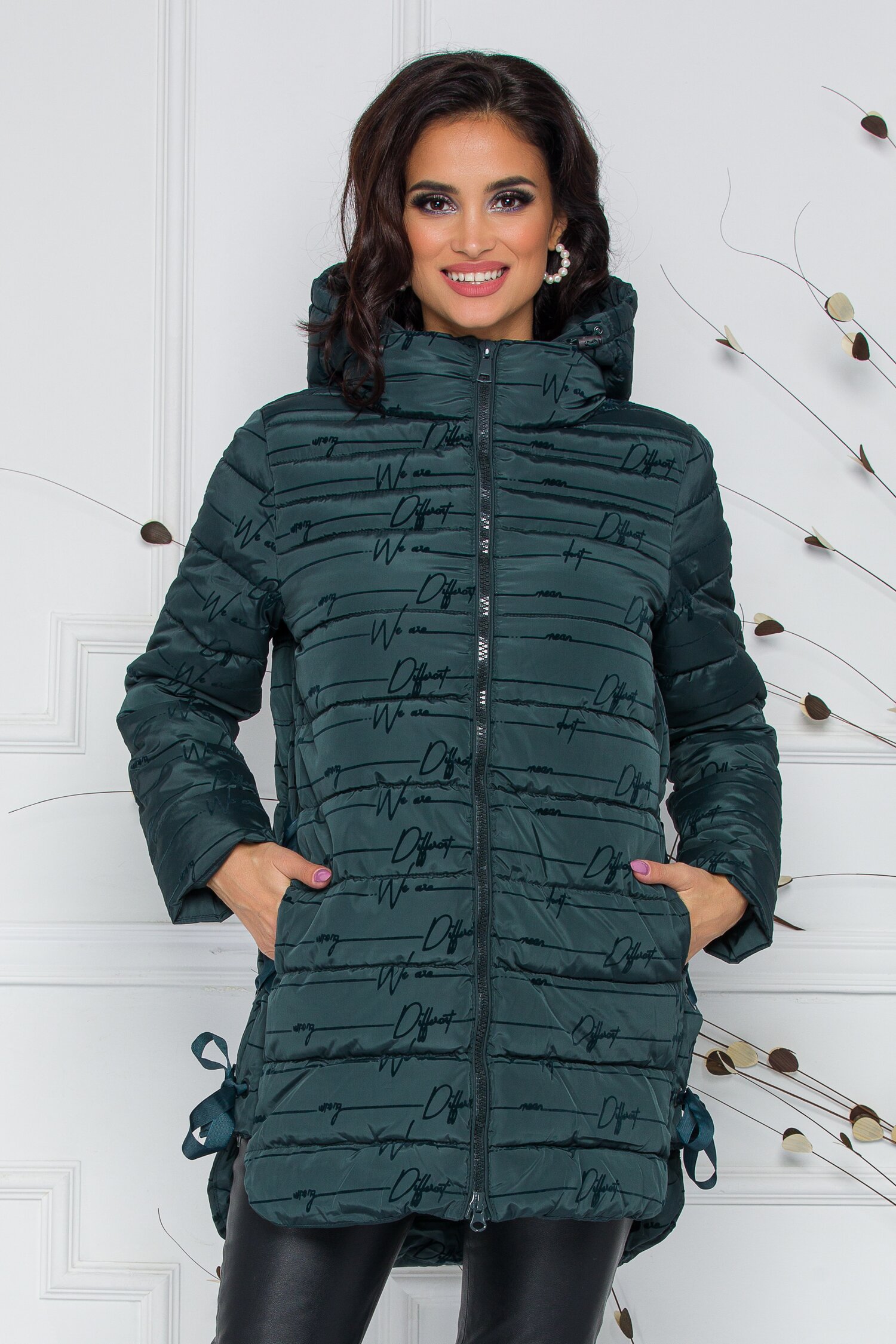 Geaca We Are verde cu panglica in laterale