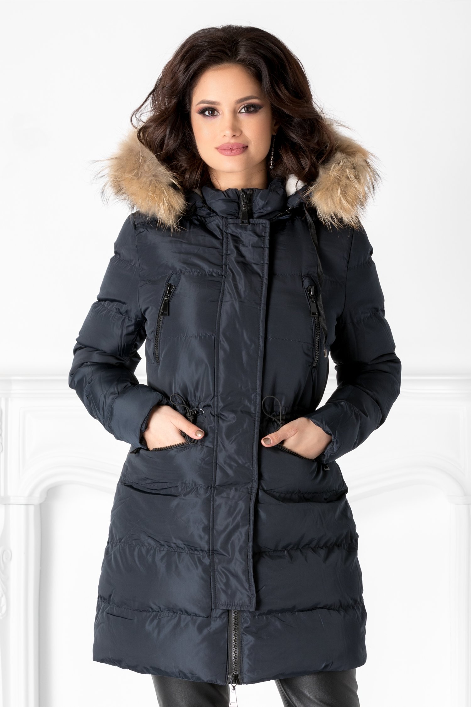 Geaca zelda bleumarin casual cu snur in talie