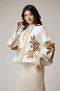 Jacheta smart-casual alba cu broderie maro