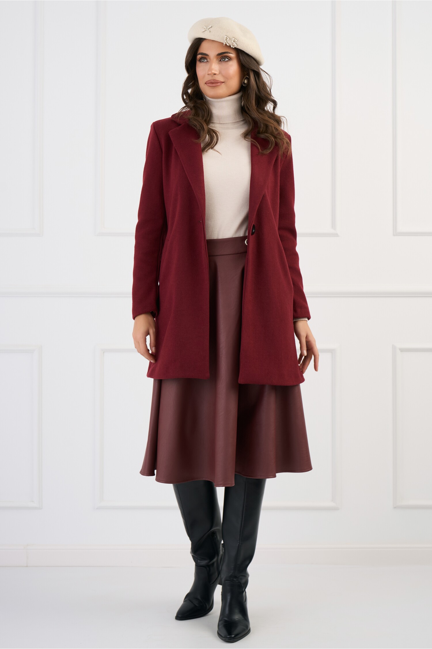 Palton elegant din stofa burgundy cu nasture si buzunare