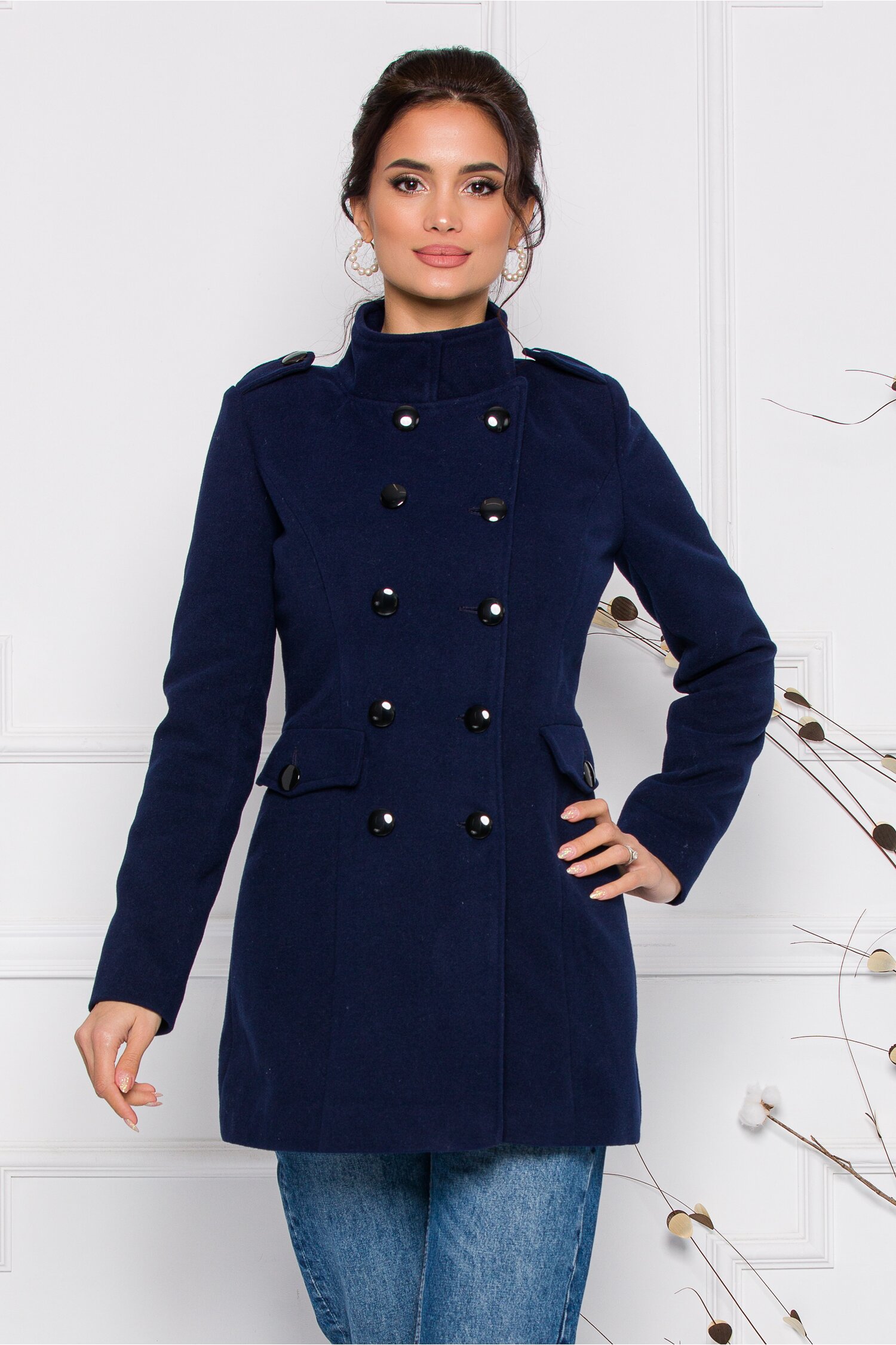 Palton Ella Collection Carla bleumarin cu buzunare