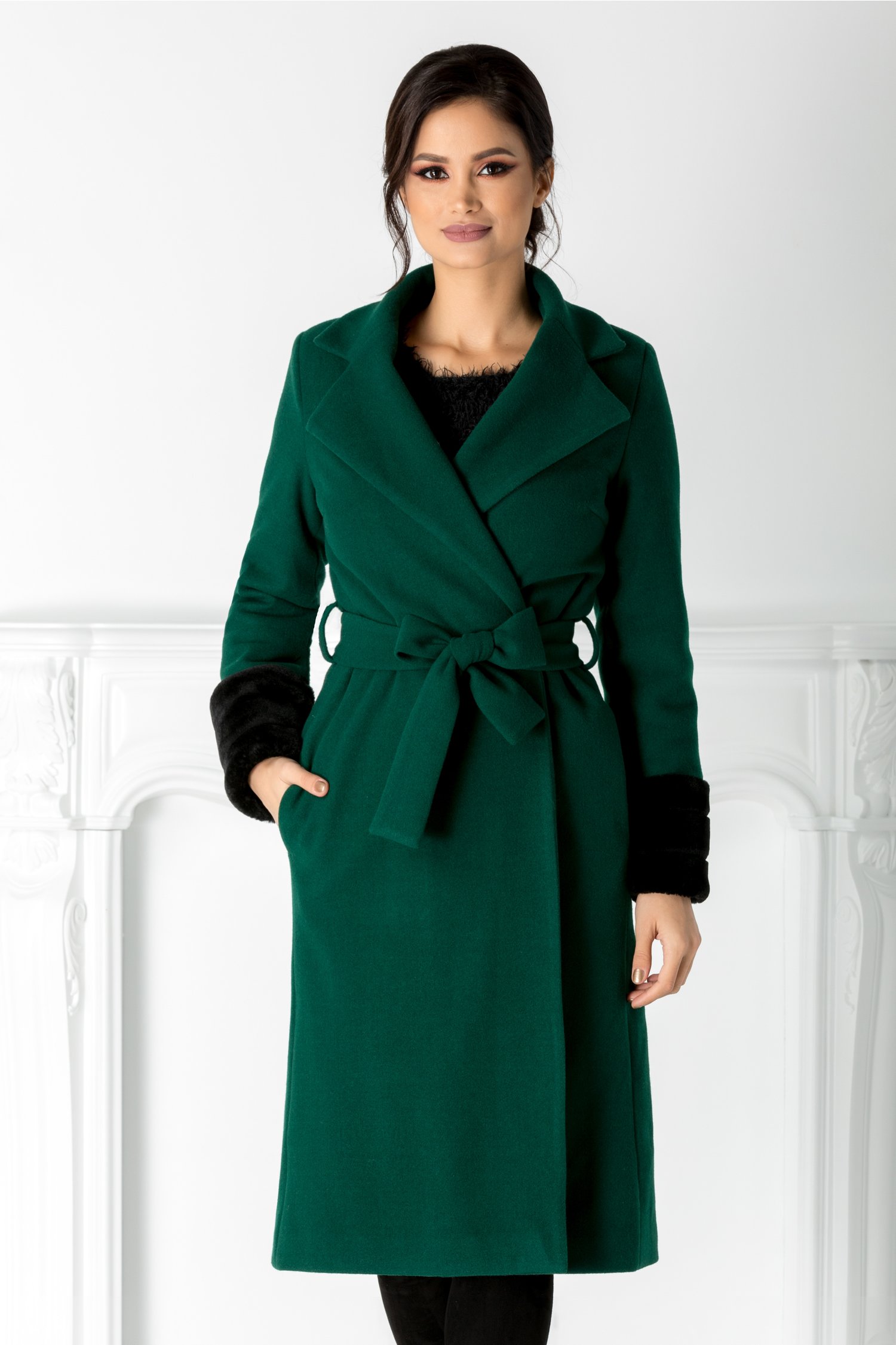 Palton LaDonna verde cu cordon in talie