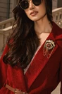 Palton scurt elegant din stofa burgundy cu curea in talie