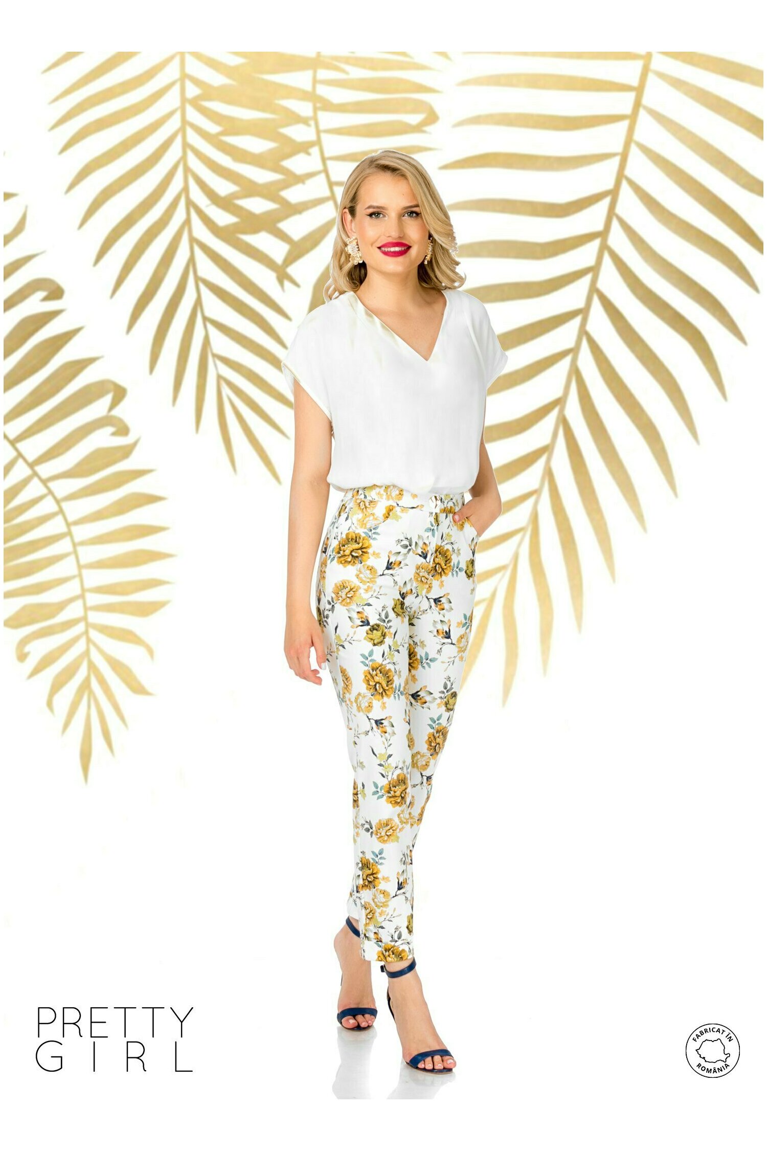 Pantaloni dama pretty girl ecru print floral