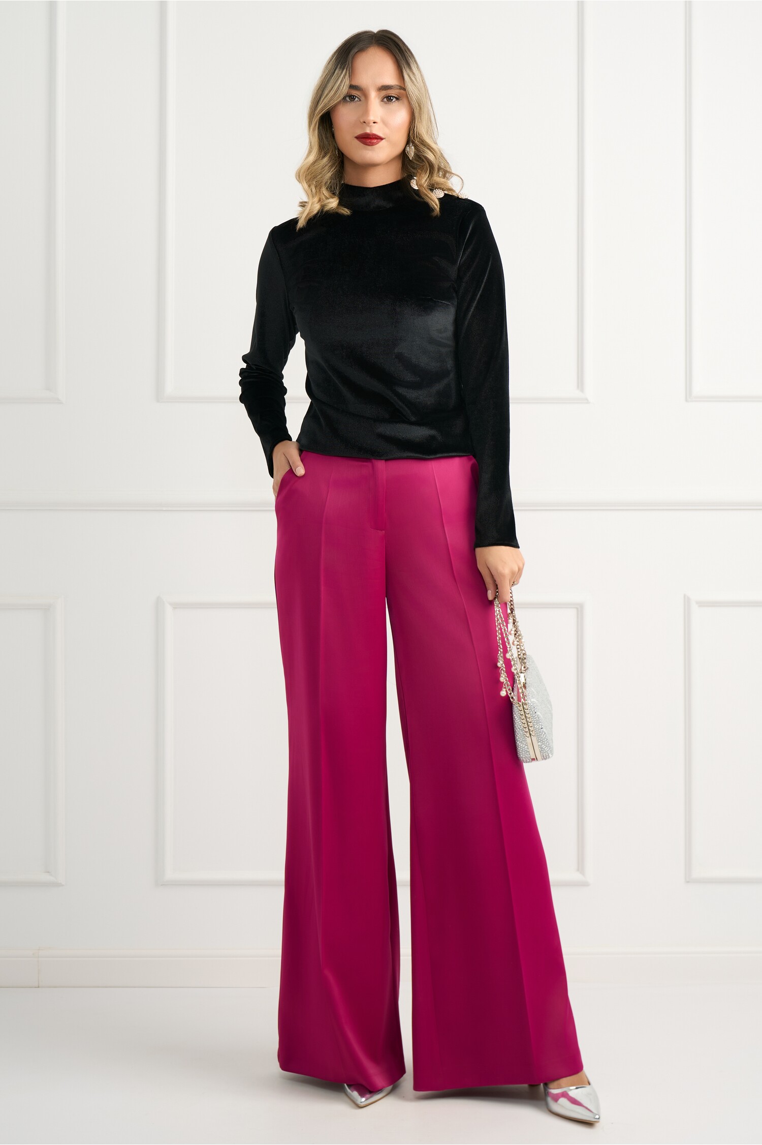 Pantaloni DY Fashion eleganti din fucsia magenta cu croi evazat