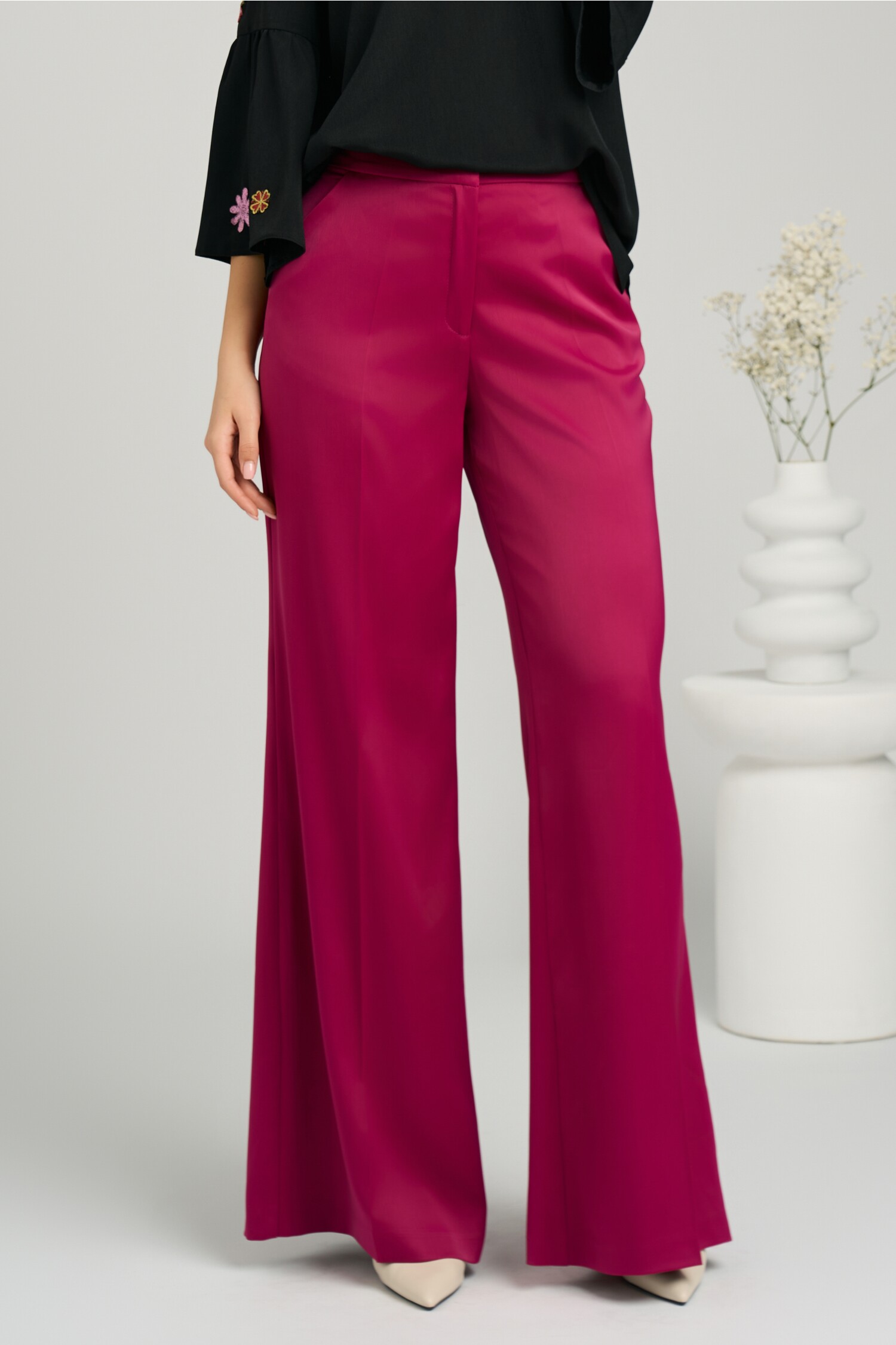 Pantaloni DY Fashion eleganti din fucsia magenta cu croi evazat