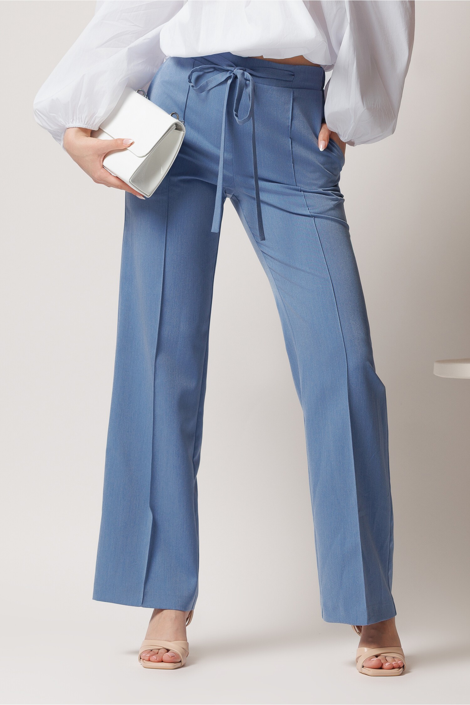 Pantaloni DY Fashion office din denim bleu cu snur in talie