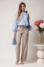 Pantaloni DY Fashion office din stofa bej cu snur in talie