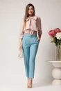 Pantaloni DY Fashion office din stofa bleu cu buzunare si curea in talie