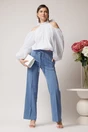 Pantaloni DY Fashion office din stofa bleu cu snur in talie