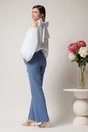 Pantaloni DY Fashion office din stofa bleu cu snur in talie