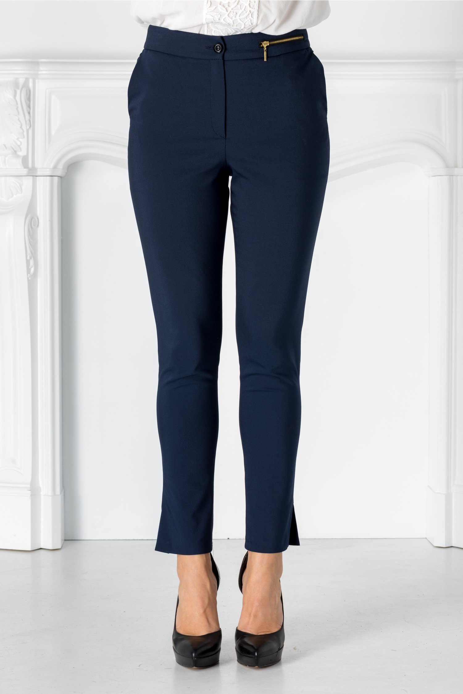 Pantaloni moze bleumarin cu fermoar metalizat