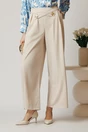 Pantaloni office din crep bej evazati cu accesorii metalice