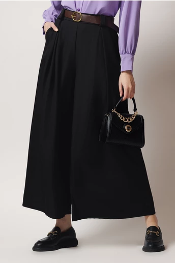 Pantaloni office din stofa negri cu elastic si curea in talie