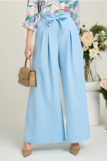 Pantaloni office din viscoza bleu cu pliuri si cordon in talie