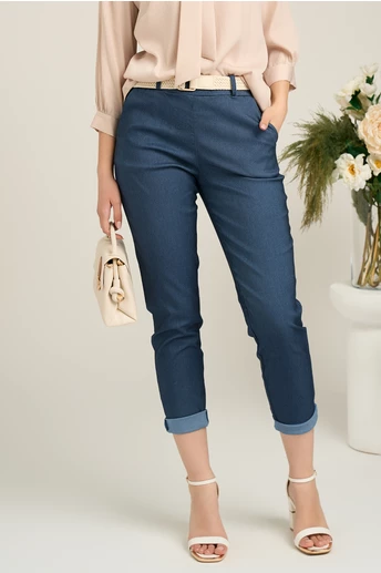 Pantaloni office din viscoza bleumarin cu buzunare si curea impletita