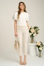 Pantaloni office din viscoza ivory cu buzunare si curea impletita