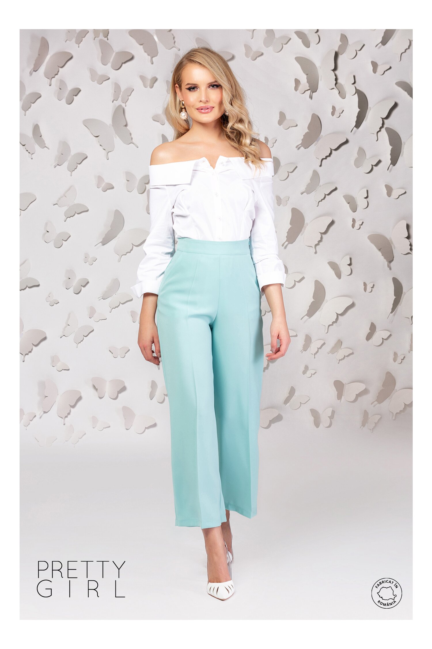 Pantaloni Pretty Girl verde mint lejeri cu buzunare