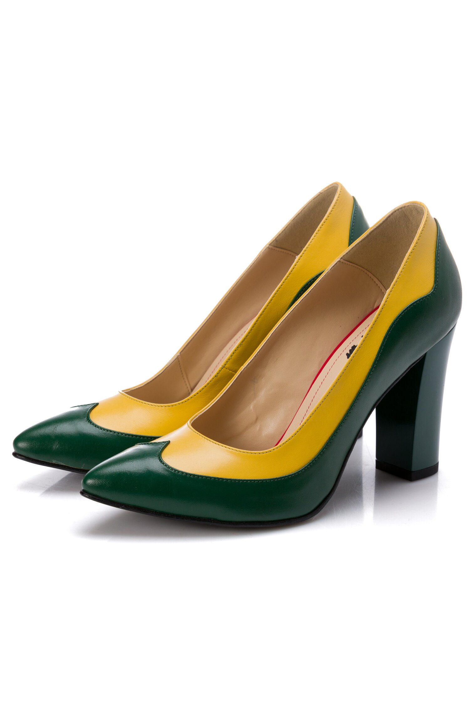 Pantofi din piele in nuante de verde si galben si toc lucios