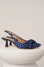 Pantofi eleganti din material satinat bleumarin cu buline si funda