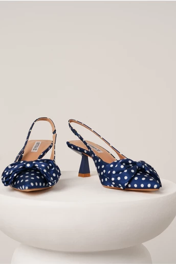 Pantofi eleganti din material satinat bleumarin cu buline si funda