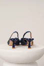 Pantofi eleganti din material satinat bleumarin cu buline si funda