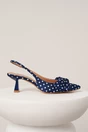 Pantofi eleganti din material satinat bleumarin cu buline si funda