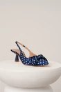 Pantofi eleganti din material satinat bleumarin cu buline si funda