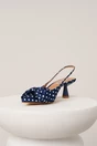 Pantofi eleganti din material satinat bleumarin cu buline si funda