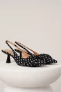 Pantofi eleganti din material satinat negri cu buline si funda
