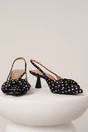 Pantofi eleganti din material satinat negri cu buline si funda