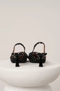 Pantofi eleganti din material satinat negri cu buline si funda