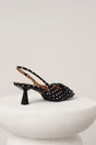 Pantofi eleganti din material satinat negri cu buline si funda