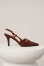 Pantofi eleganti din piele ecologica maro cu barete si catarame
