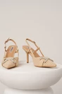 Pantofi eleganti din tweed alb-bej cu catarama si decupaj la spate