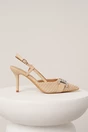 Pantofi eleganti din tweed alb-bej cu catarama si decupaj la spate