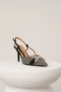 Pantofi eleganti din tweed alb-negru cu catarama si decupaj la spate