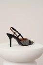 Pantofi eleganti din tweed alb-negru cu catarama si decupaj la spate