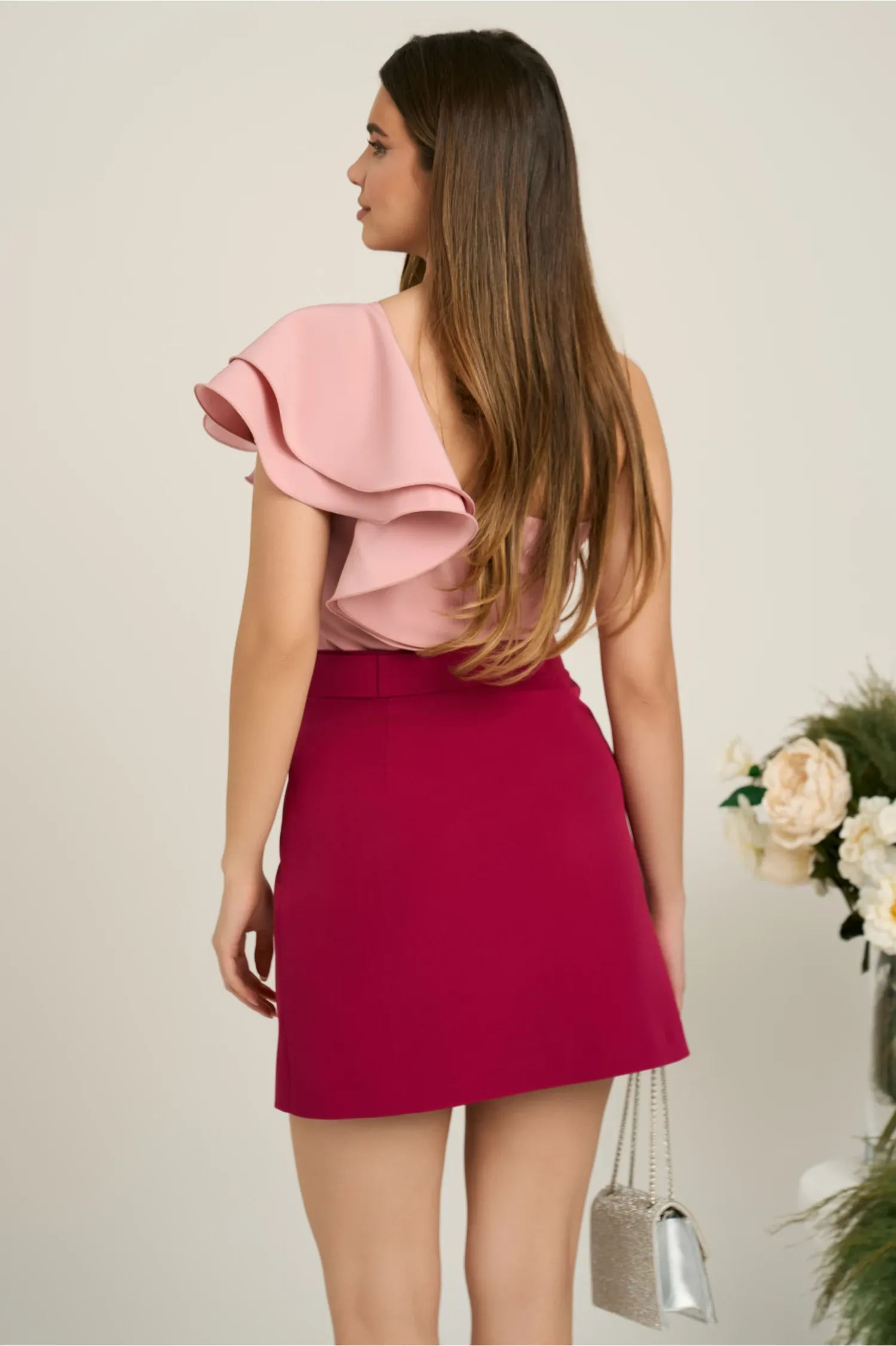 Fusta DY Fashion scurta din stofa magenta cu nasturi si curea in talie 2