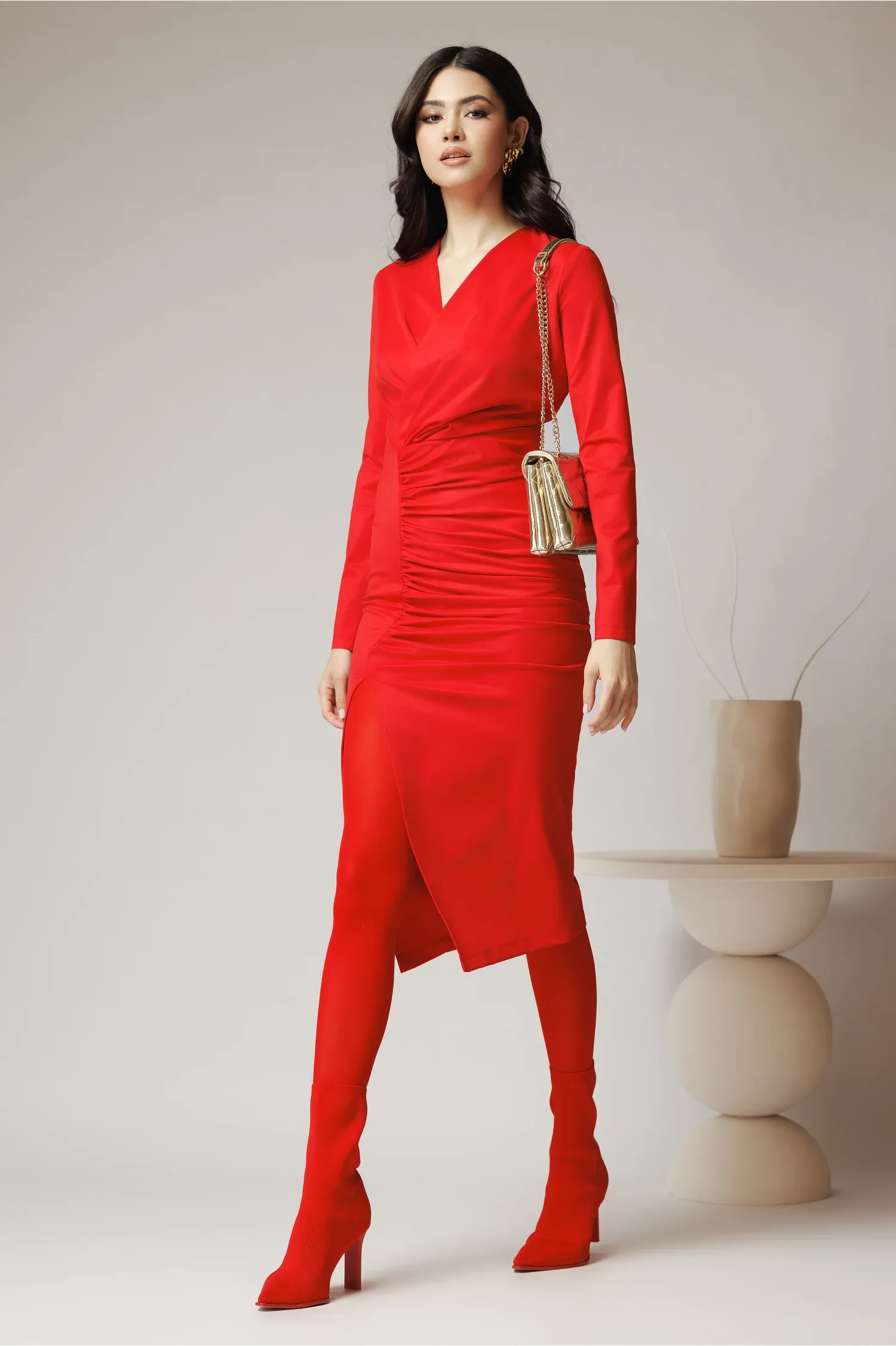 Rochie DY Fashion eleganta din lycra rosie cu fronseu pe fusta 3