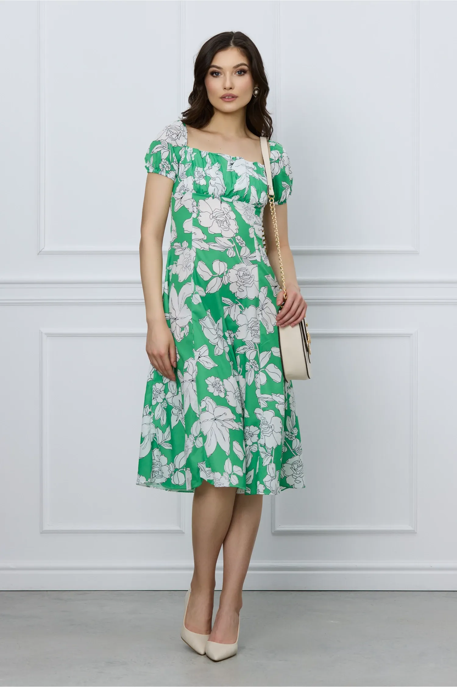 Rochie Simona verde cu imprimeu floral alb 4