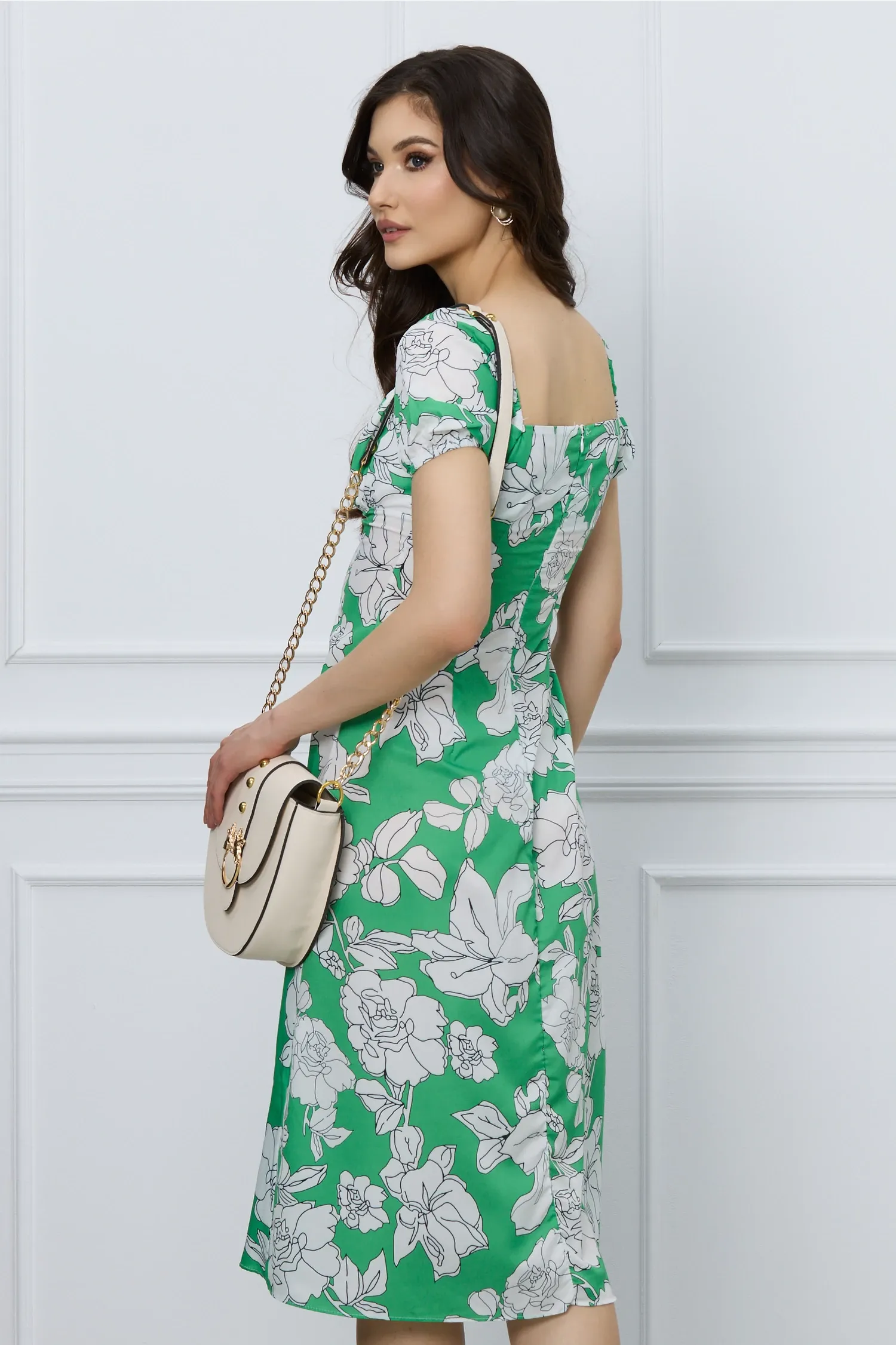 Rochie Simona verde cu imprimeu floral alb 2