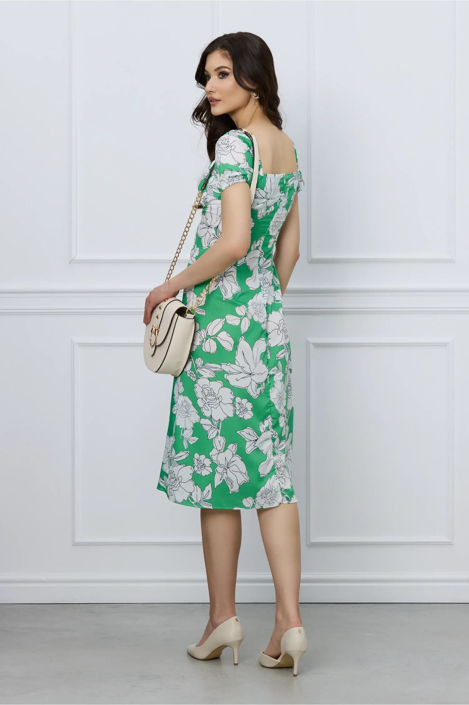 Rochie Simona verde cu imprimeu floral alb 5