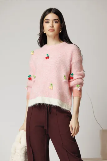 Bluza casual din tricot roz cu cirese crosetate